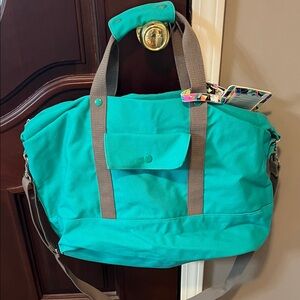 Teal Canvas Tote Bag with Brown Straps